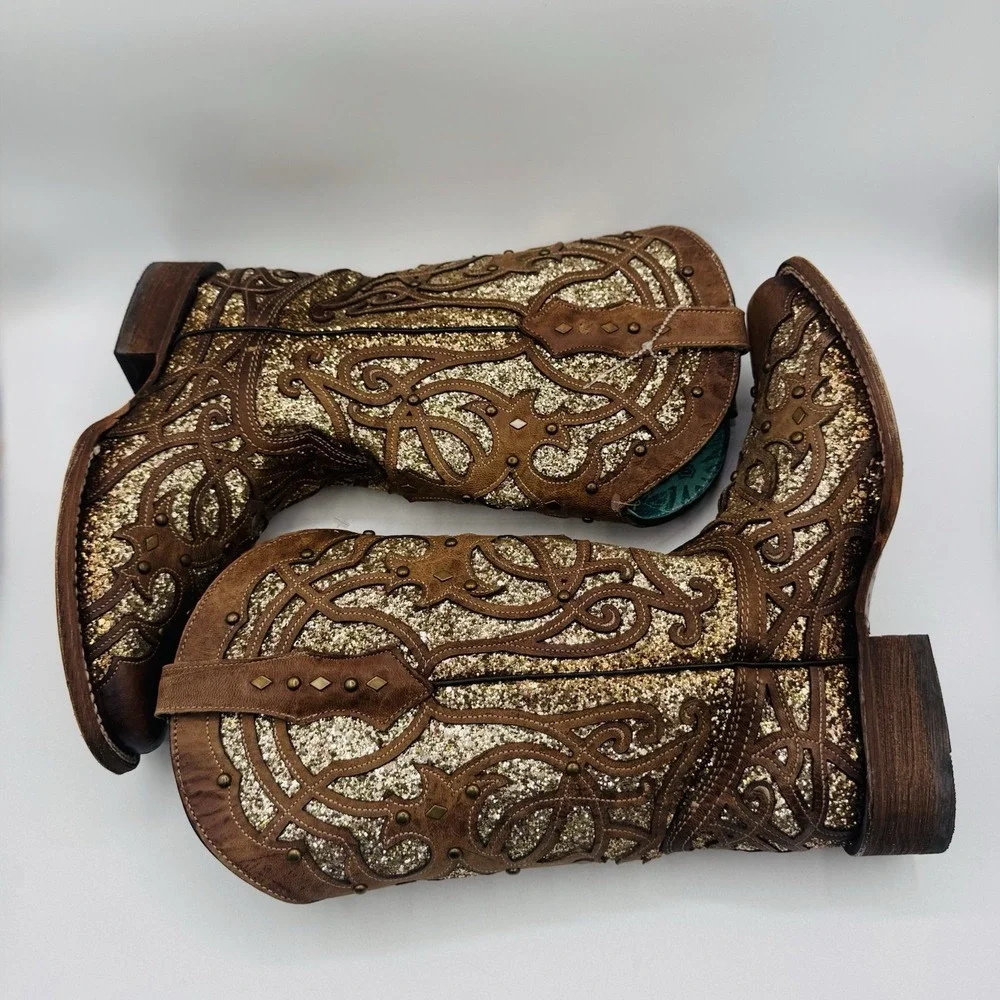 Corral Orix Glitter Inlay‎ Boots Women's Size 11 Brown Leather Gold Studded